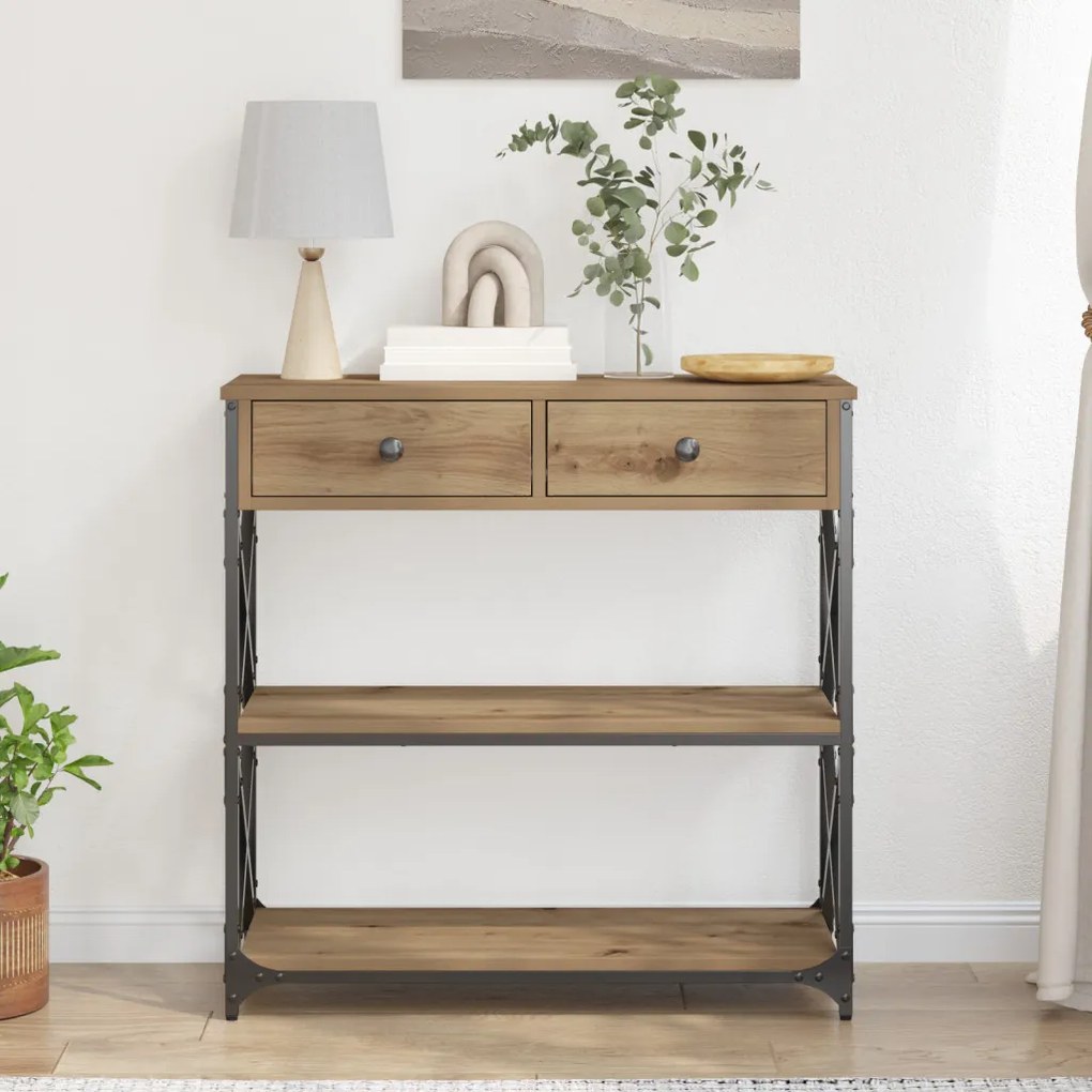 Konsole Asztal Kézműves Tölgy 75x28x75 cm Mérnöki Fa és Acél