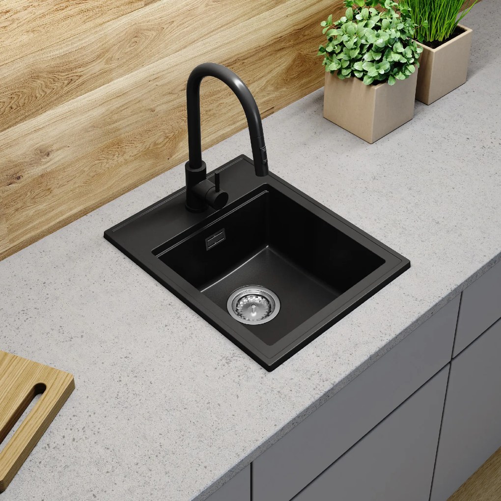 SINK Quality Mosogató minőségi Ferrum Új 4050, 1 kamrás gránit mosogató 400x500x185 mm + króm szifon, fekete, SKQ-FER.4050.BK.X