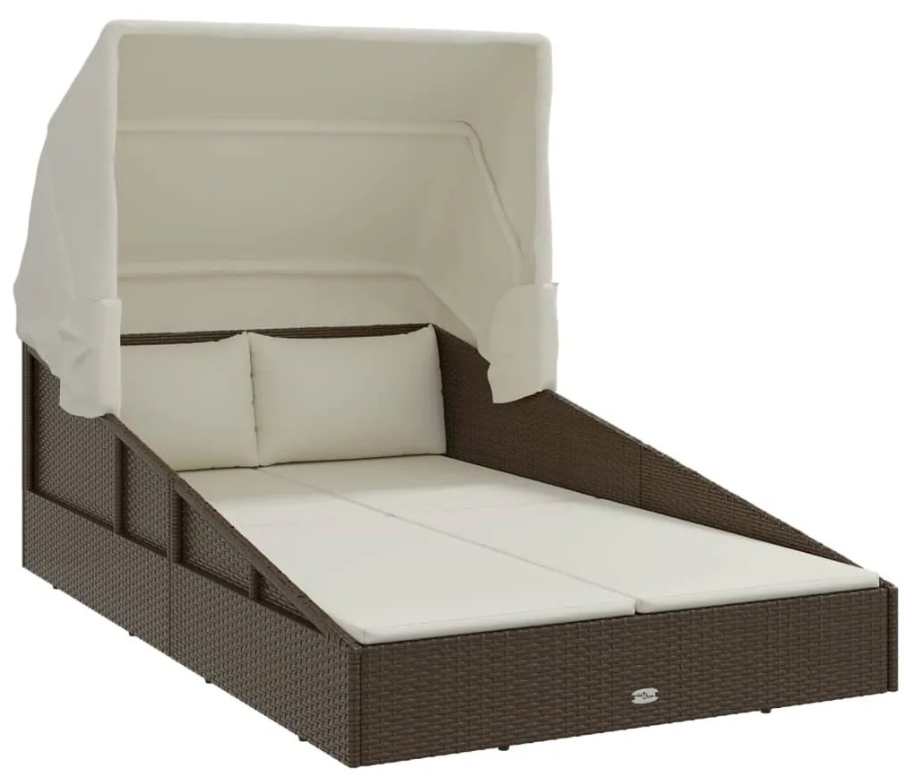 barna polyrattan napozóágy összecsukható tetővel 200x114x128 cm
