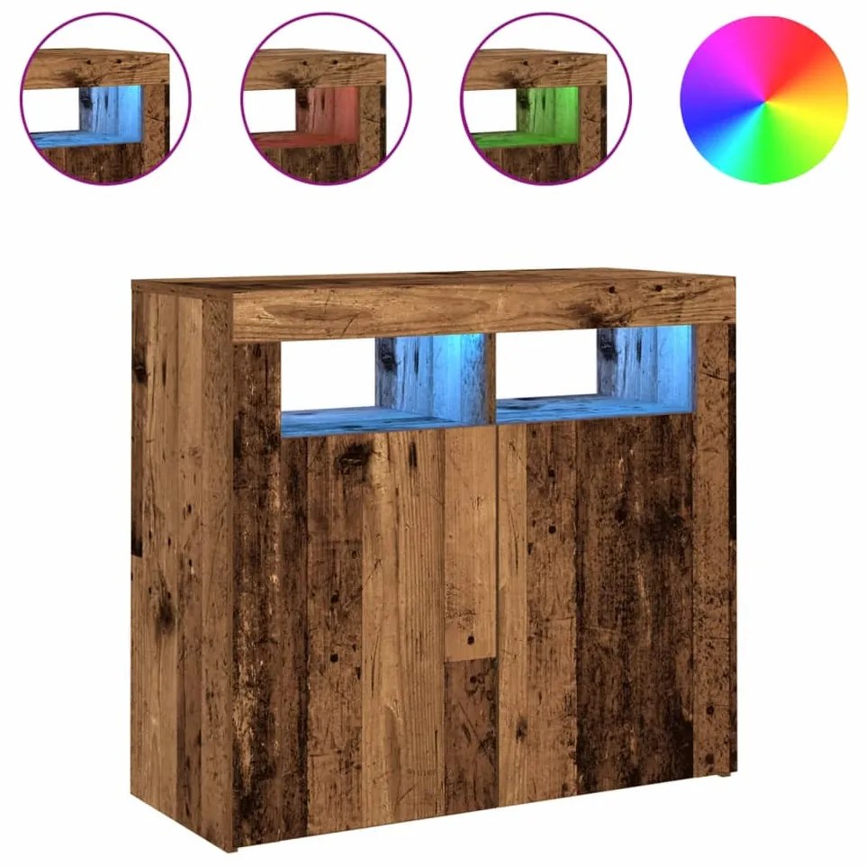 antik fa színű szerelt fa tálalószekrény LED-ekkel 80x35x75 cm