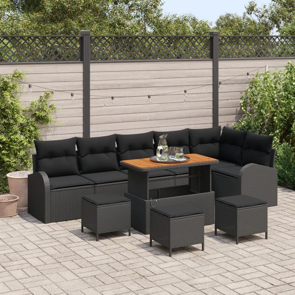 9 darabos kert kanapé szett párnákkal fekete poli-rattan, 2 fős kert kanapé párnákkal fekete poli-rattan, 3 darabos kert étkező szett párnákkal fekete poli-rattan