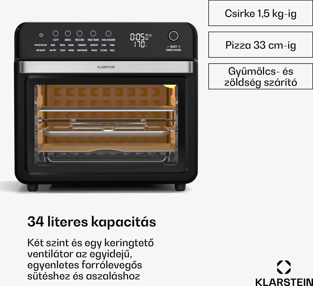 Klarstein Air Glaze Digital forrólevegős fritőz, 2100 W, 16 program, alkalmazás, 34 liter, tartozékkészlettel együtt