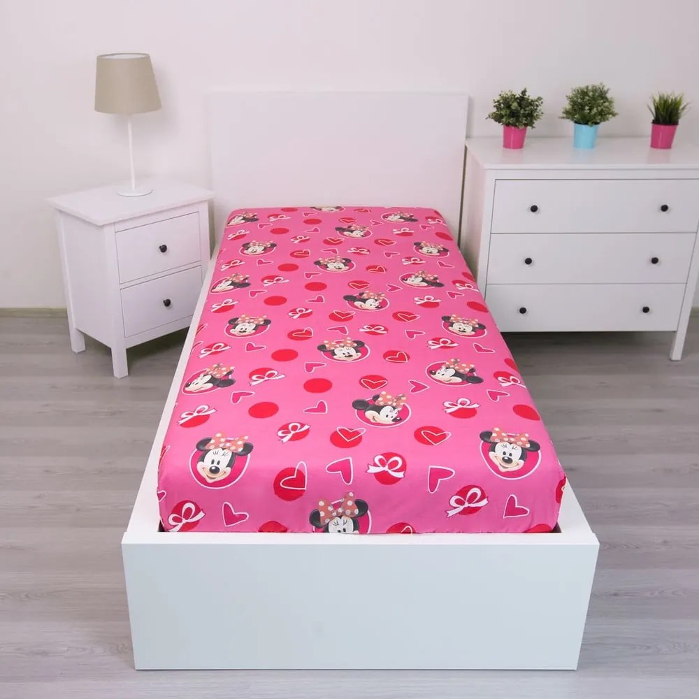 Rózsaszín gumis pamut gyerek lepedő 90x200 cm Minnie "Hearts" – Jerry Fabrics