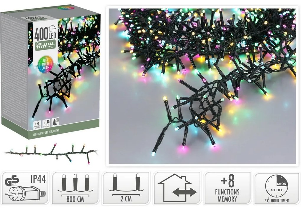 Macaron kültéri fényfüzér, 8 m, 400 LED, (zöld, narancssárga, kék, rózsaszín), időzítő, IP44, 8 m