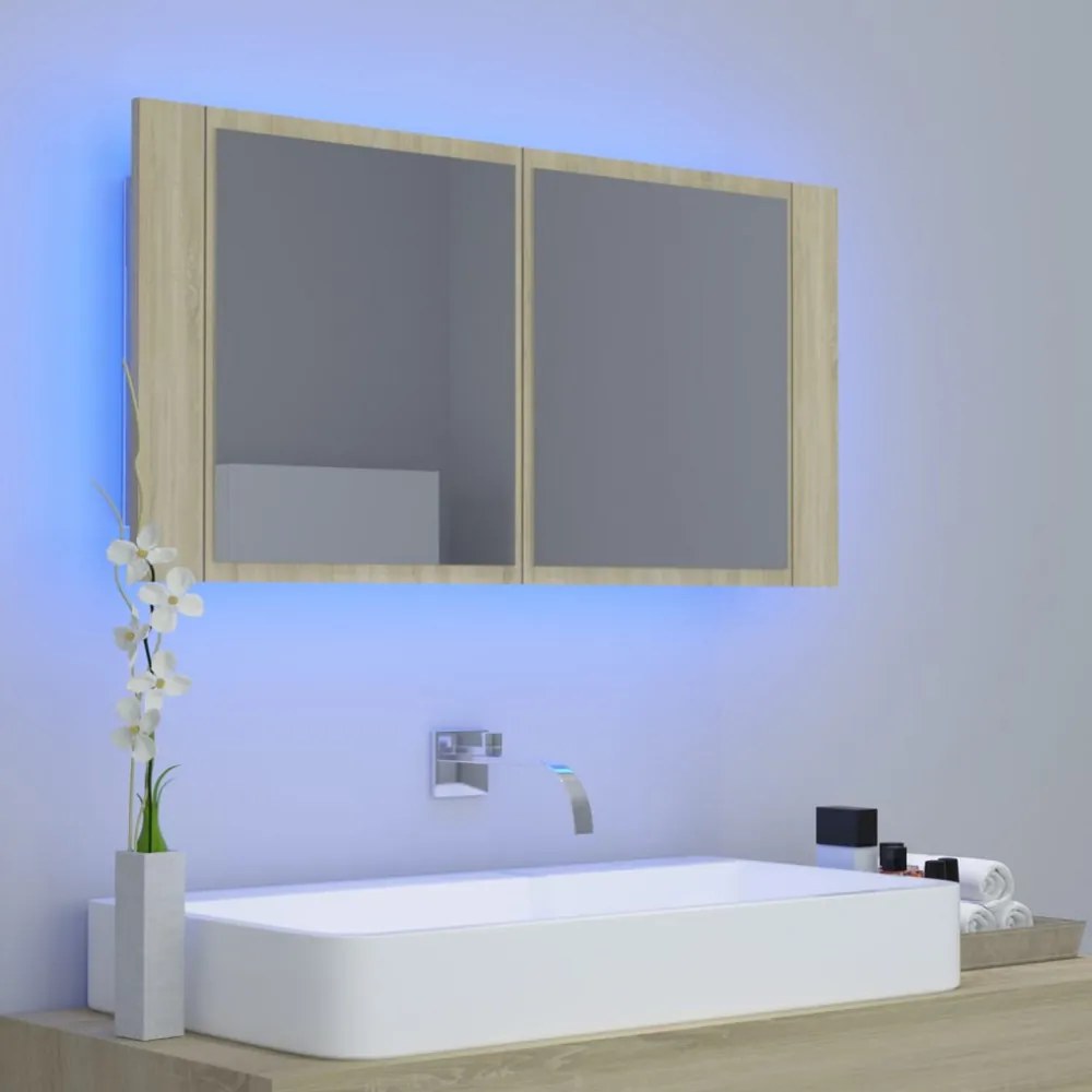 tölgyszínű akril LED-es tükrös fürdőszobaszekrény 90x12x45 cm