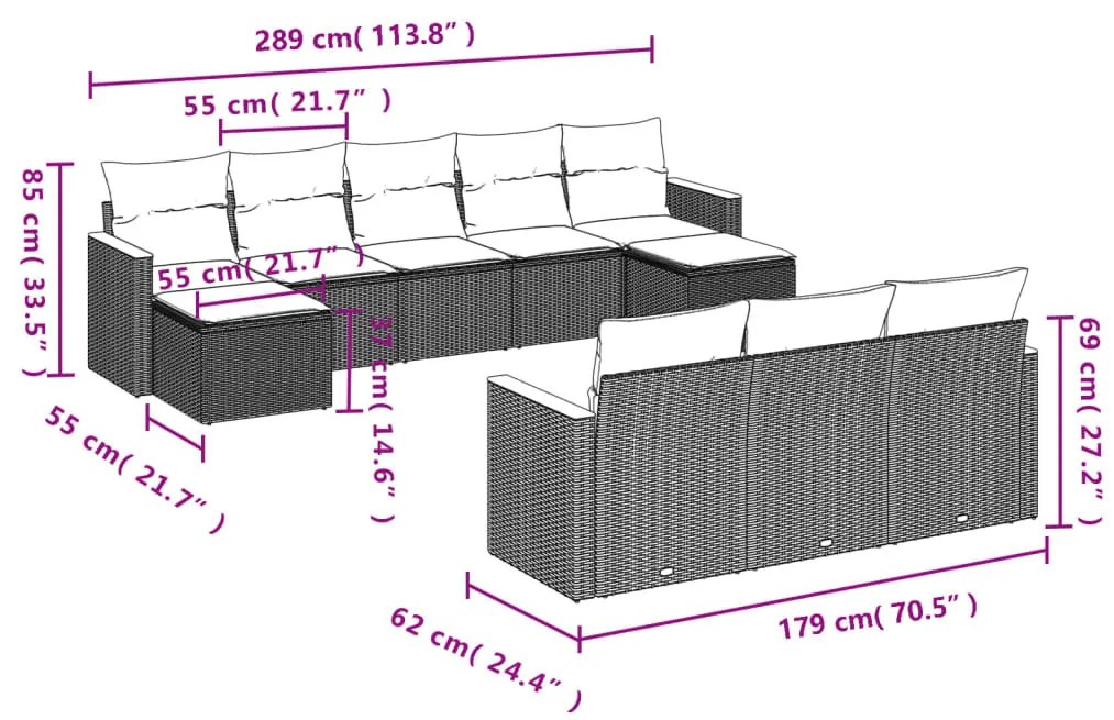 10 részes fekete polyrattan kerti ülőgarnitúra párnákkal