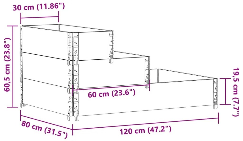 3 szintes tömör fenyőfa magaságyás 120 x 80 cm