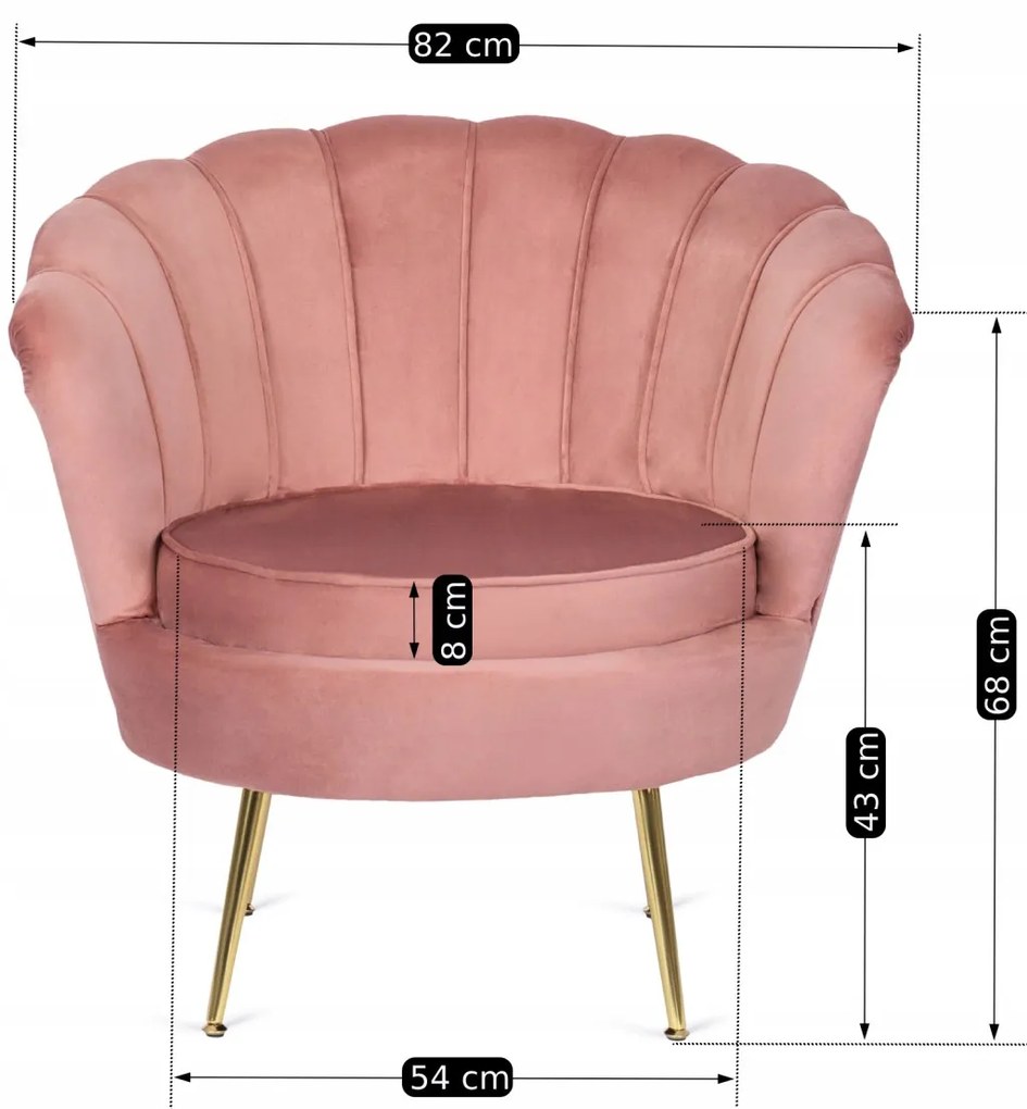 Elegáns Fotel Rózsaszín Bársony Kárpittal, Aranyszínű Lábakkal. ANGEL