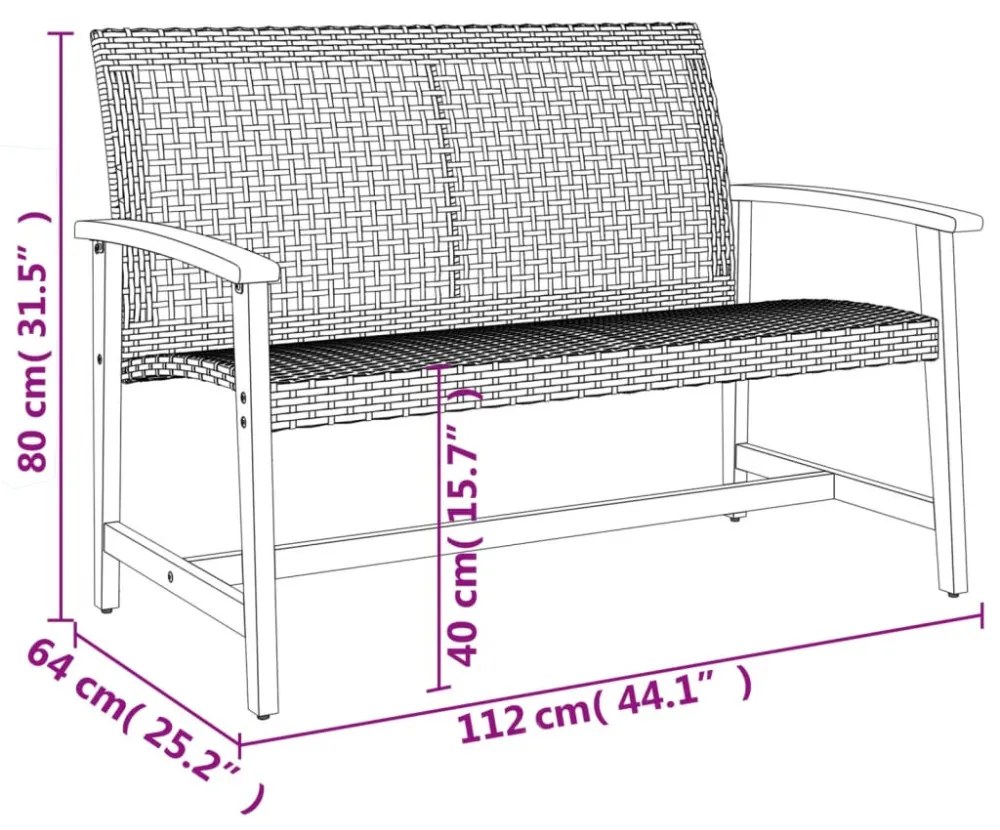 fekete polyrattan és akácfa kerti pad 112 cm