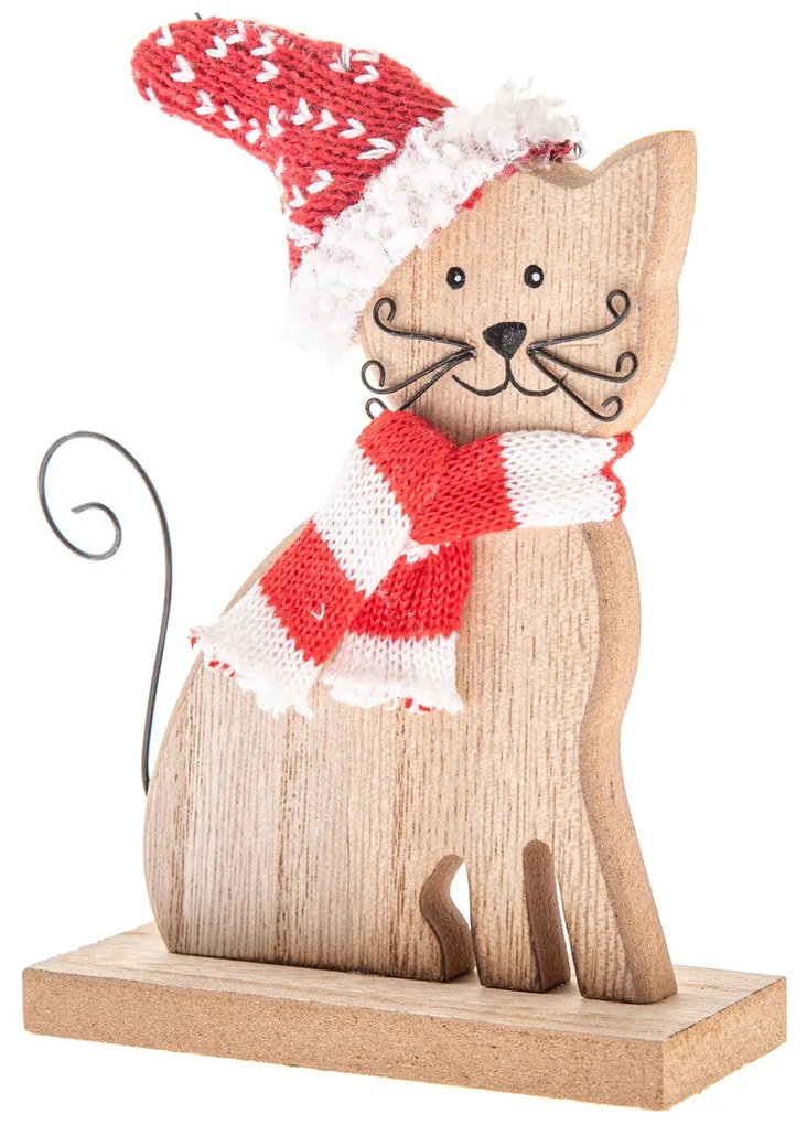 Fa macska kötött sállal és sapkával, 14 cm