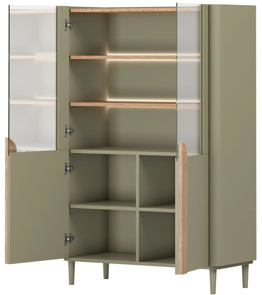 Amilio vitrines szekrény 100 cm, kétszárnyú, lábakon - eukaliptusz / baltic dune tölgy / natúr tölgy fogantyú