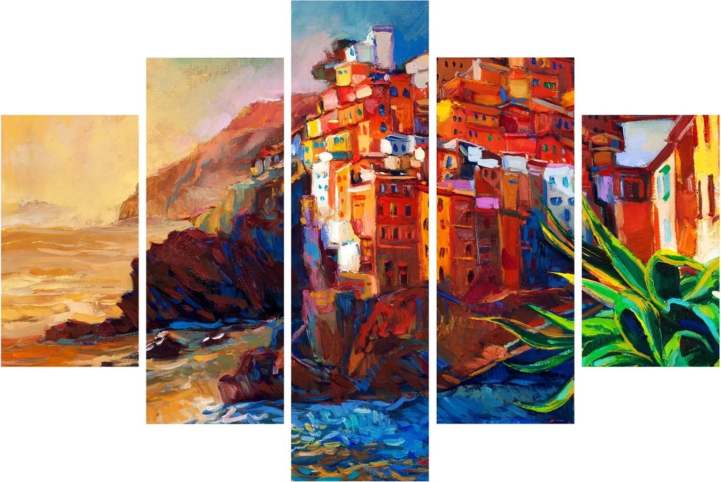 Kép - Falu Cinque Terre partján, az olasz riviérán, modern impresszionizmus (150x105 cm)