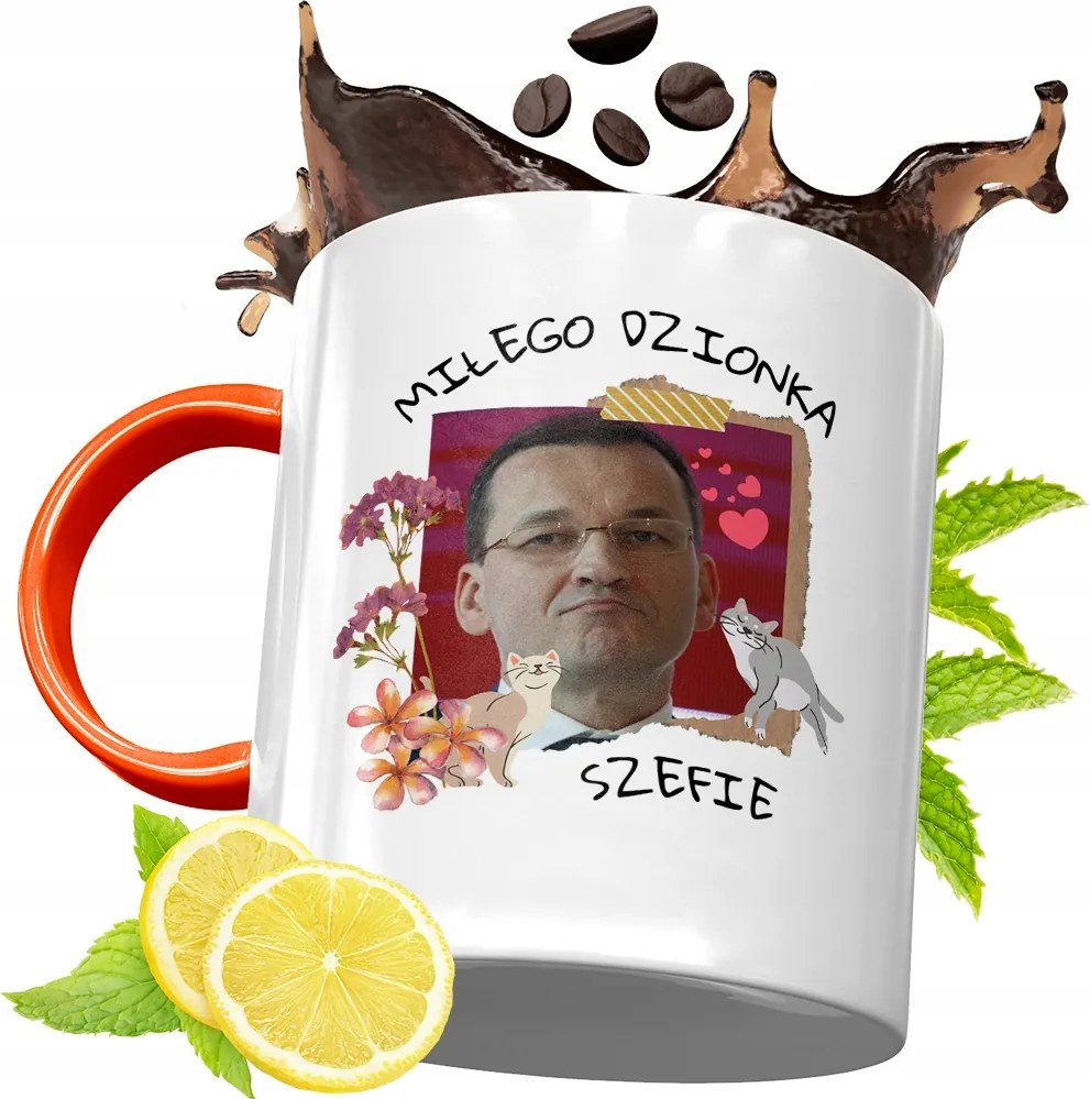 Narancssárga Bögre Mateusz Morawiecki Ajándék fényképes nyomtatással