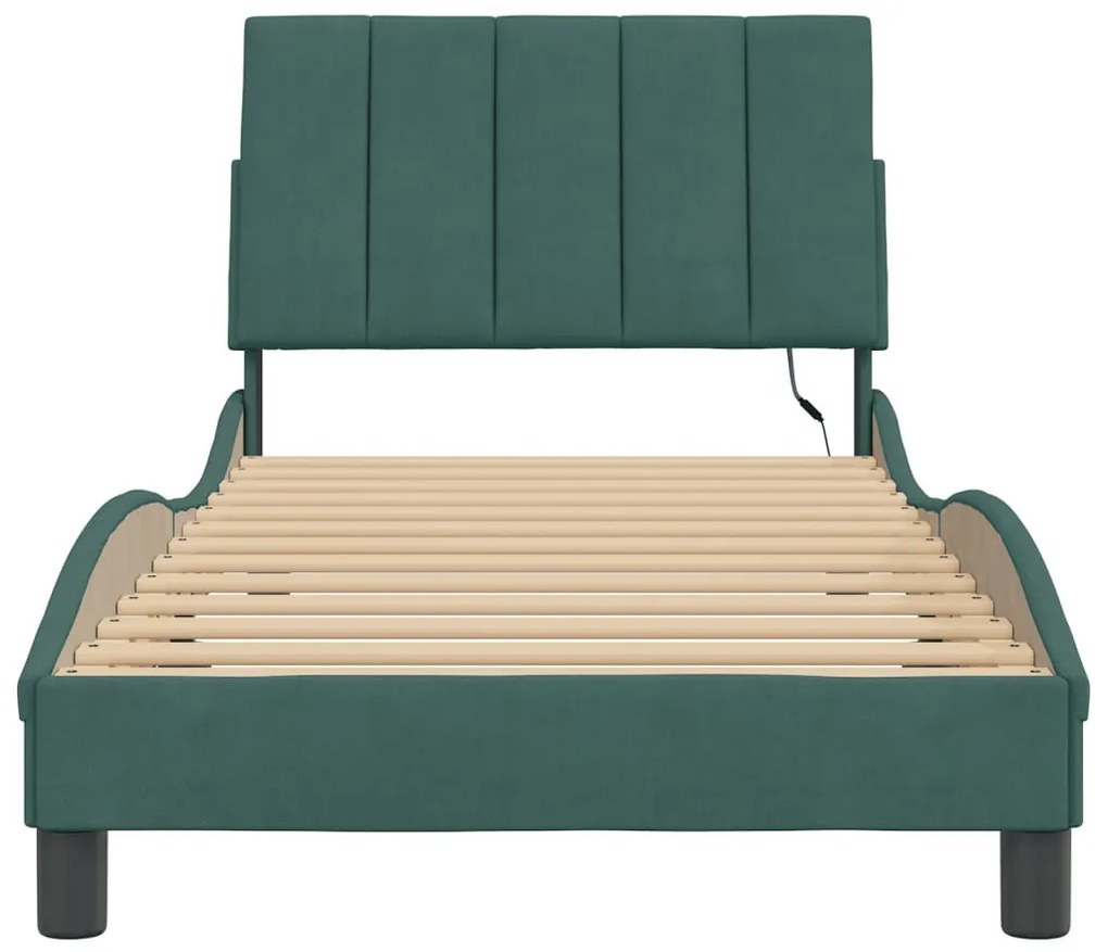 sötétzöld bársony ágykeret LED-ekkel matrac nélkül Hanko 90 x 190 cm