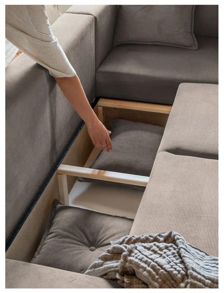Világosbarna kordbársony kinyitható sarokkanapé (variálható) Lazy Lukka – Miuform