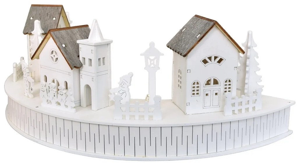 Fából készült LED-es dekoráció: Falucskatemplommal, 40 x 14 x 20 cm, félkör alakú