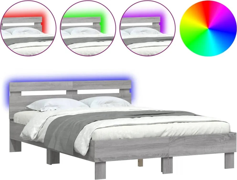 vidaXL szürke sonoma színű ágykeret fejtámlával és LED-del 120x190 cm