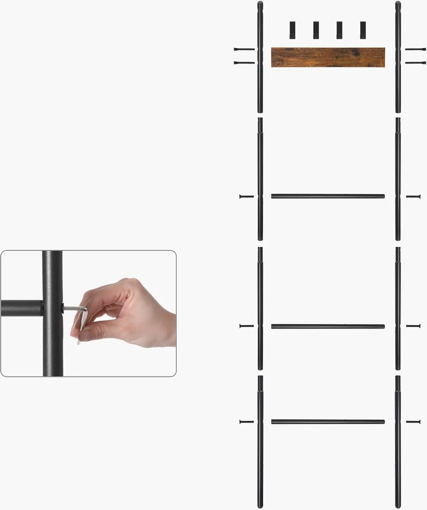 Dekoratív létrapolc, törölközőtartó, 5 szintes, 44 x 160 cm, barna és fekete