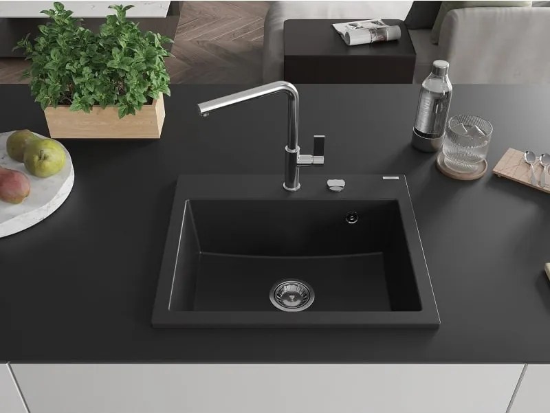 Mexen Oscar gránit mosogató 1-medencés 580 x 490 mm, fekete, krómozott szifon - 6519581000-77