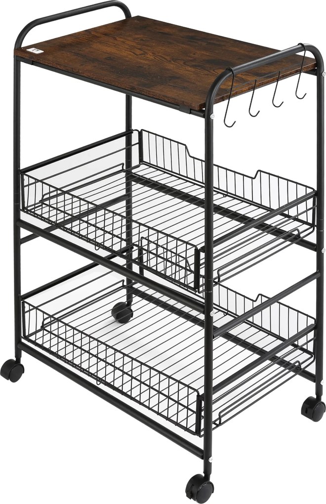 HOMCOM 3-Tier Görgős Használati Kocsi Zöldségtartó 2 Kosárral és 4 Akasztóval Étkezőbe és Nappaliba 60x38x85.5 cm Rusztikus Barna | Aosom