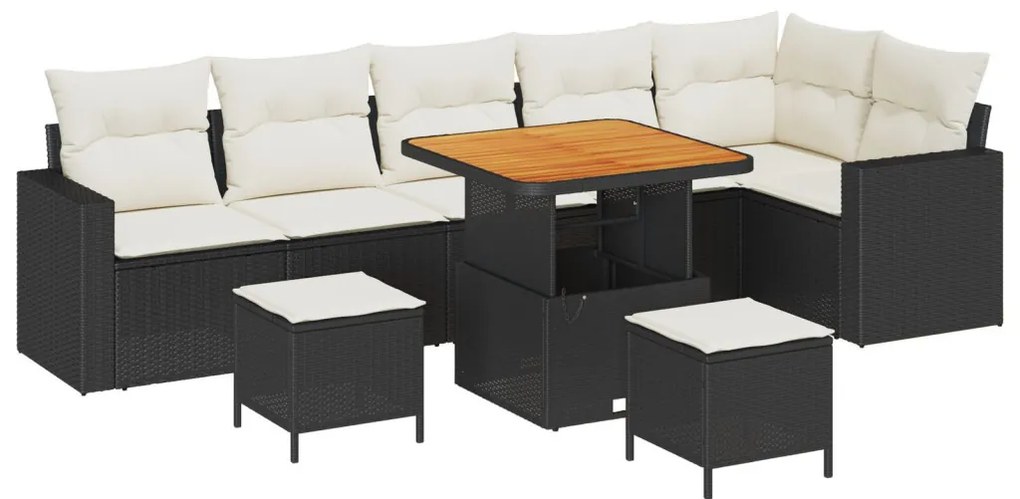 9 részes kert kanapé szett párnás, fekete, poli rattan akác, 3 részes kert étkező szett párnás, fekete, poli rattan akác