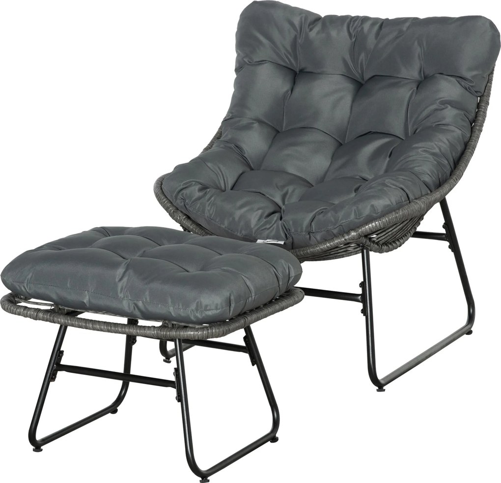 Outsunny Rattan Relax Szék Lábpihentetővel, Kerti Szék Vastag párnákkal, Kültéri Rattan Szék Kertbe, Erkélyre, Teraszra Szürke | Aosom