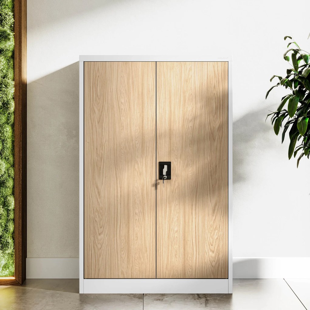 Alacsony fém irodai szekrény 3 polccal, fehér/sonoma tölgy, 900x1400x400 mm: KEVIN Eco Design
