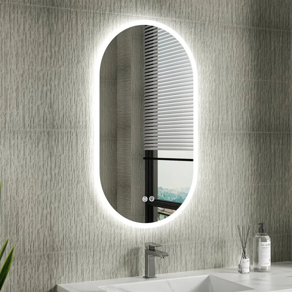 Erga Demi, ovális LED tükör 50x90cm, 3 fényszín, elülső világítás, páramentes fűtőpárna, ERG-V01-DEMI-5090-CL