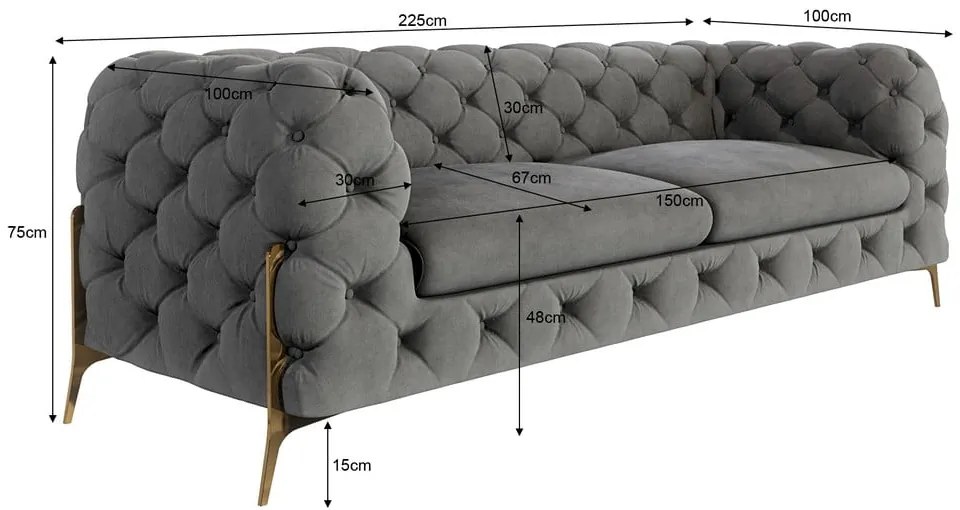 Szürke bársony kanapé 225 cm Chelsea Bis – Ropez