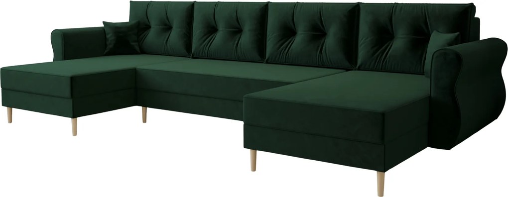 Ágyazható U alakú kanapé SILVIANO 300x140 cm, sötétzöld színű + 2 db díszpárna INGYEN