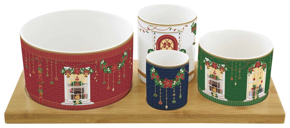 Karácsonyi porcelán kínálótál 4 db-os szett bambusztálcán díszdobozban Festive Avenue