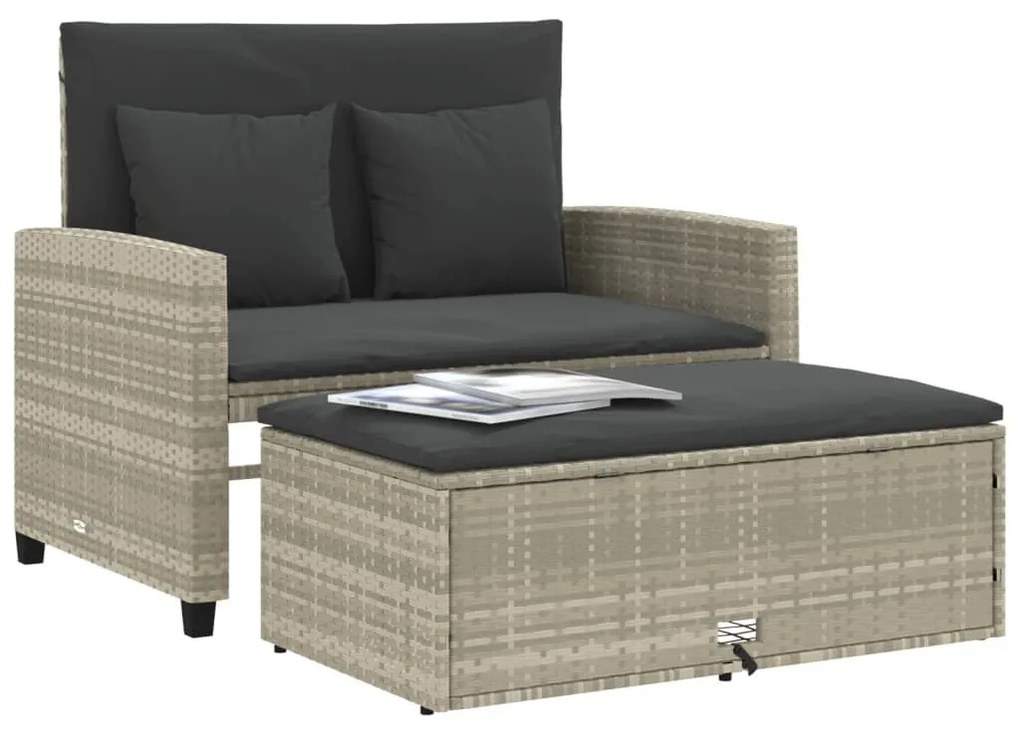 2 személyes világosszürke polyrattan kerti kanapé párnával