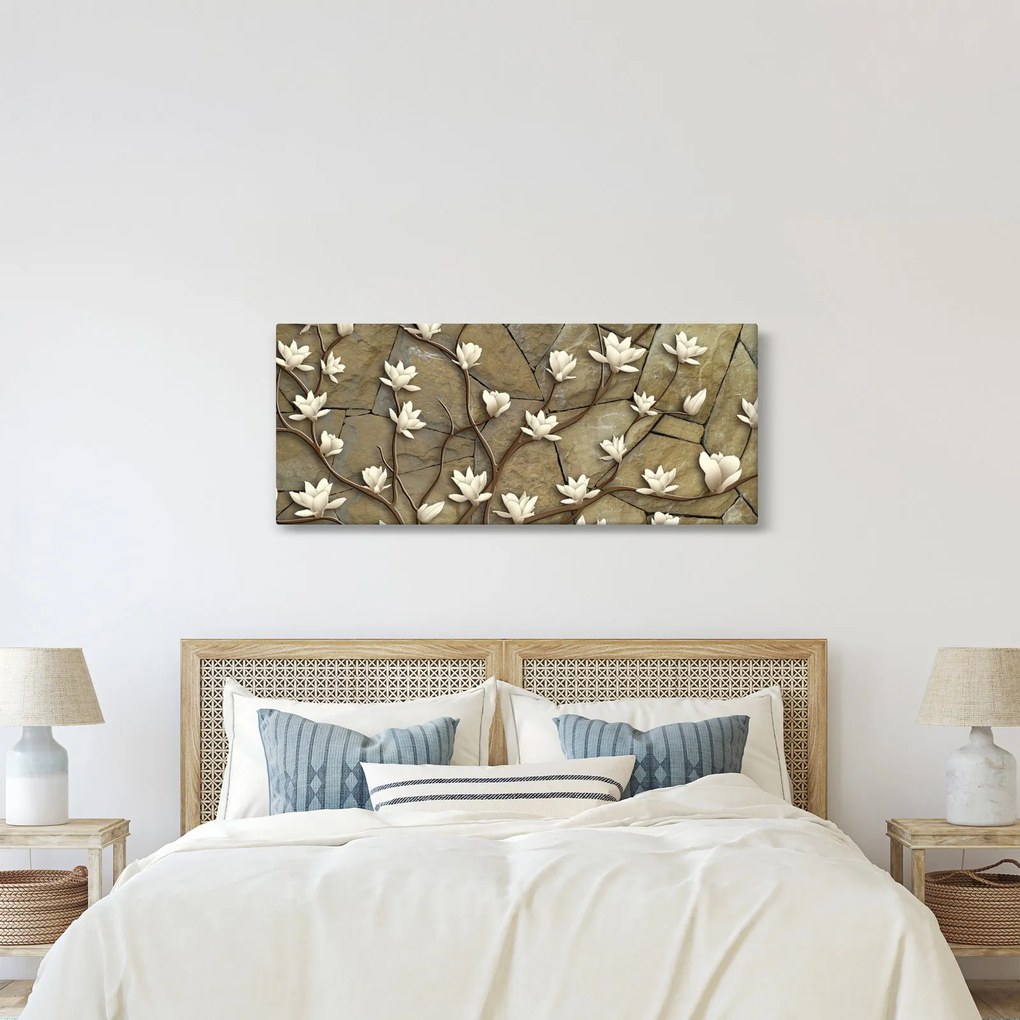 Kép - Fehér magnóliák kőfalazaton (120x50 cm)