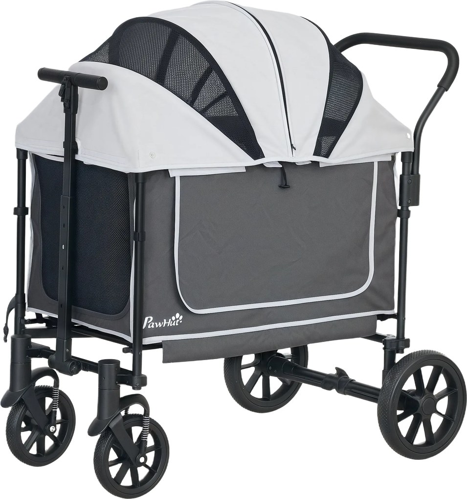 PawHut 2 az 1-ben Kutyakocsi Kutyakocsik Összecsukható Kutyák és Macskák Részére 30 kg-ig Kocsi Párnával Hálós Ablakokkal 2 Ajtóval Tárolótáska Sötét
