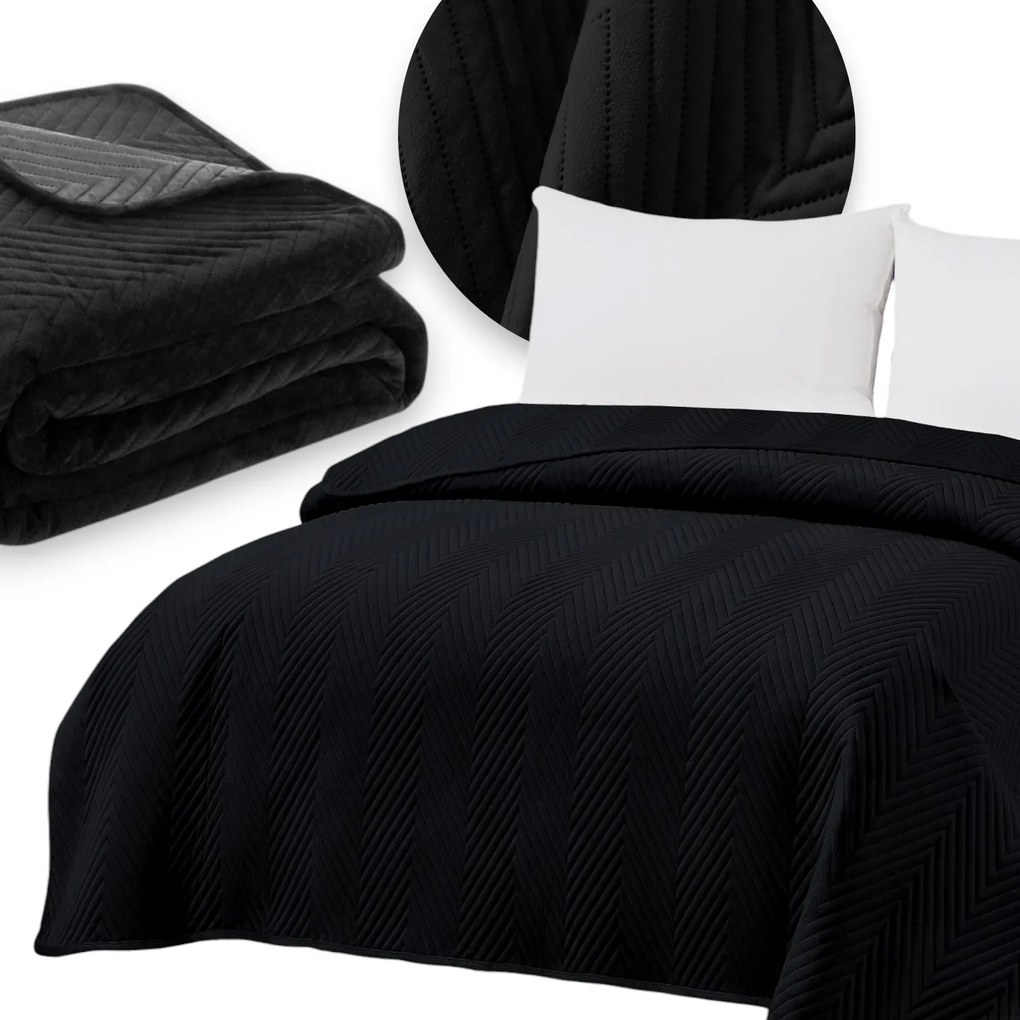 Ágytakaró kanapéra 200x220 steppelt halszálka Velúr Sötét Fekete