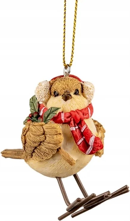 Karácsonyi dekoráció kismadár sállal és magyalággal 5x3x7 cm