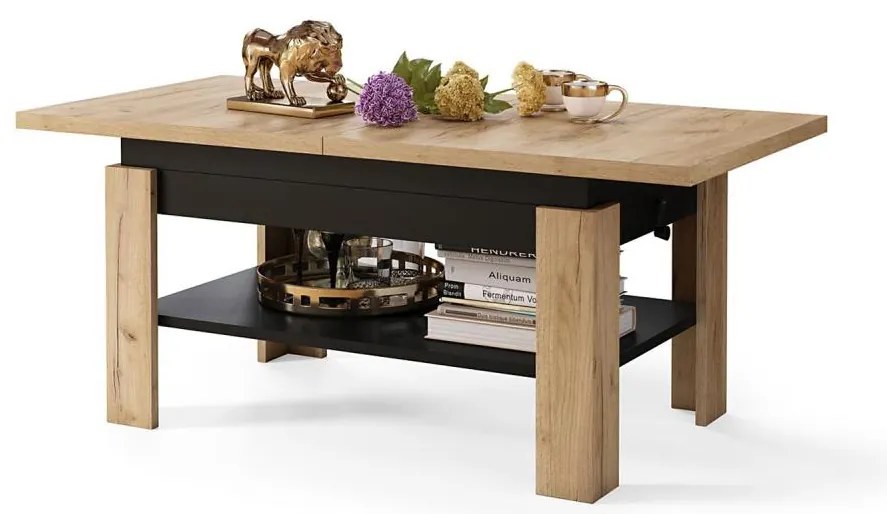 Bővíthető ROY konferencia/étkezőasztal emelhető lappal, craft tölgy/fekete