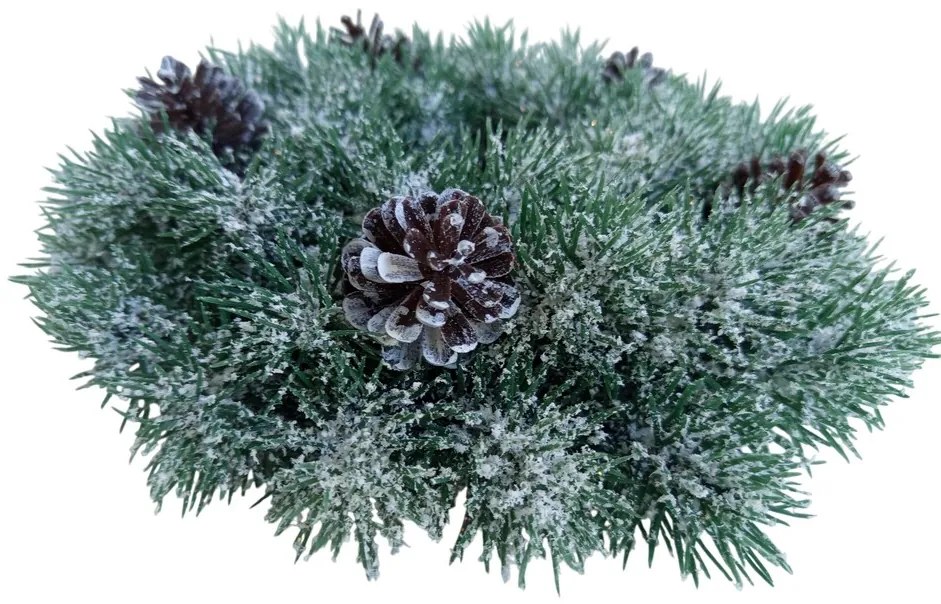 Műanyag koszorú hóval és tobozzal, hossza 28 cm