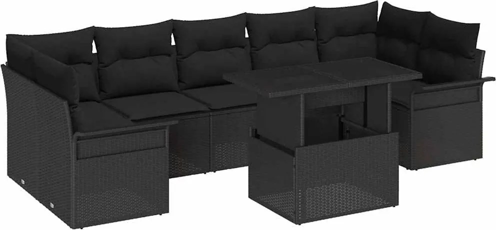 vidaXL Kerti Kanapé Szett párnával tárolóval 8 pcs Fekete Poli rattan