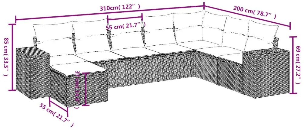 8 részes fekete polyrattan kerti ülőgarnitúra párnákkal