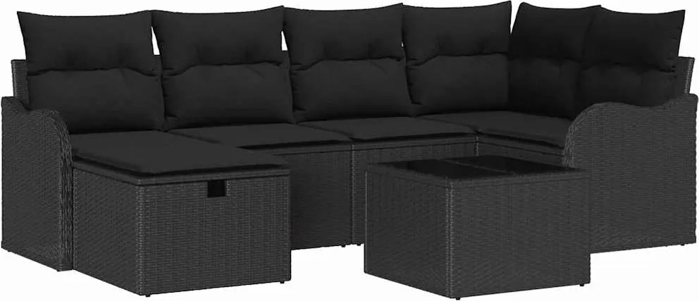 vidaXL Kerti Kanapé Szett párnával tárolóval 7 pcs Fekete Poli rattan