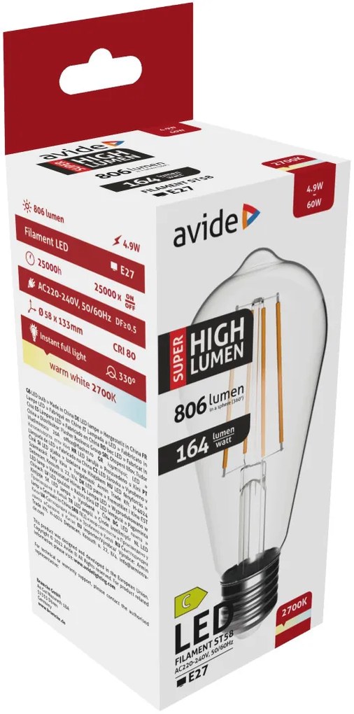 Avide LED Filament ST58 4.9W E27 WW 2700K Super High Lumen