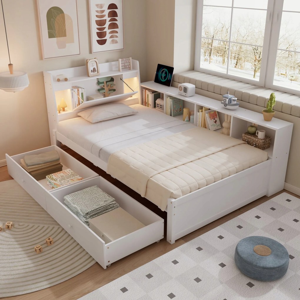 Egyszemélyes ágy Gyerekágy fiókokkal Led polc 90X200CM fehér
