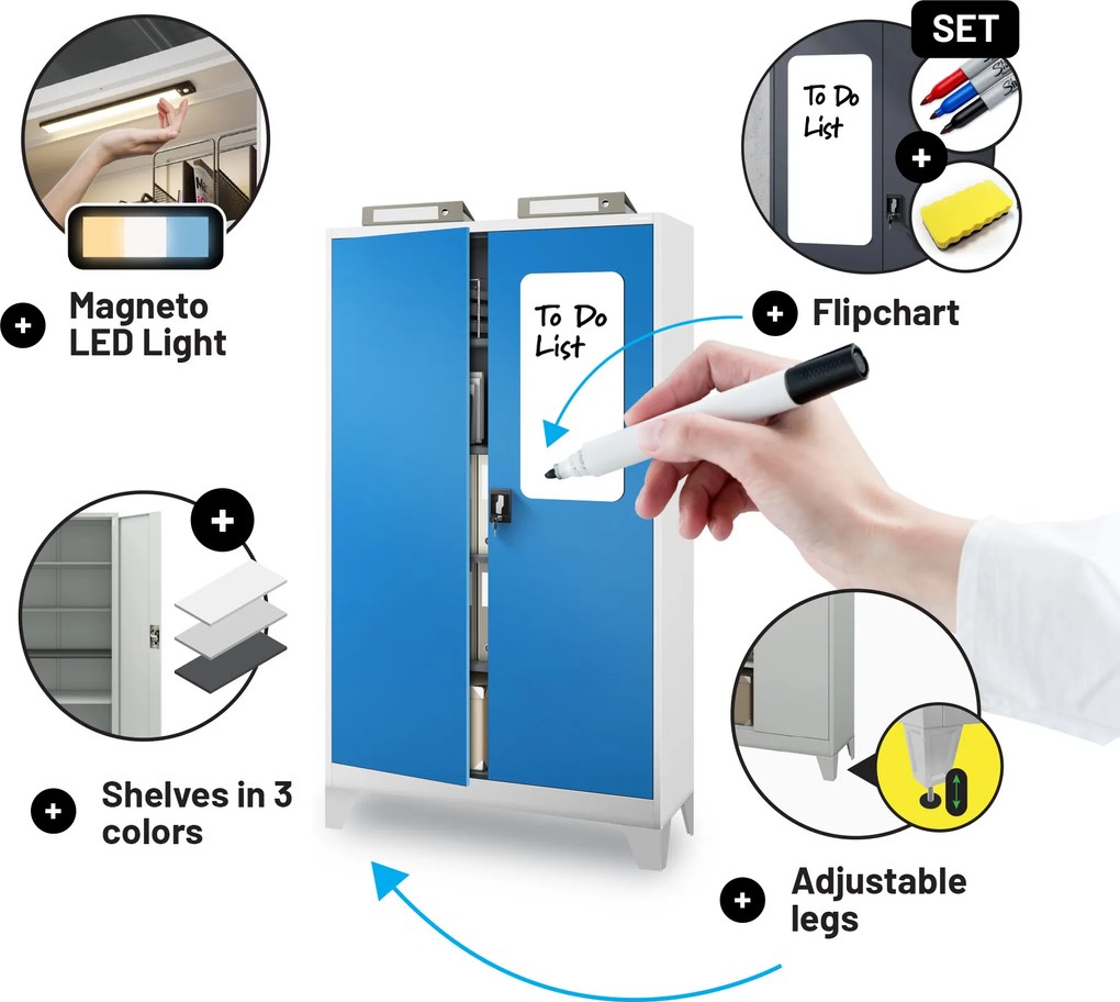 Fém iratszekrény JAN II, 1150 x 1850 x 400 mm, szürke-kék