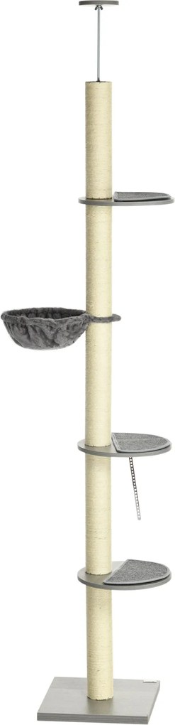 PawHut Macska Mászófa, Földtől a Mennyezetig Érő Kaparófával, 230-250 cm, Mászófa Hálószövettel, Állítható Magasságú Macska Mászófa, Játékfa Dőlést Me