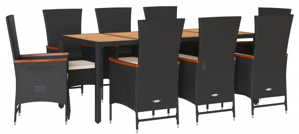 9 részes fekete polyrattan kerti étkezőgarnitúra párnákkal