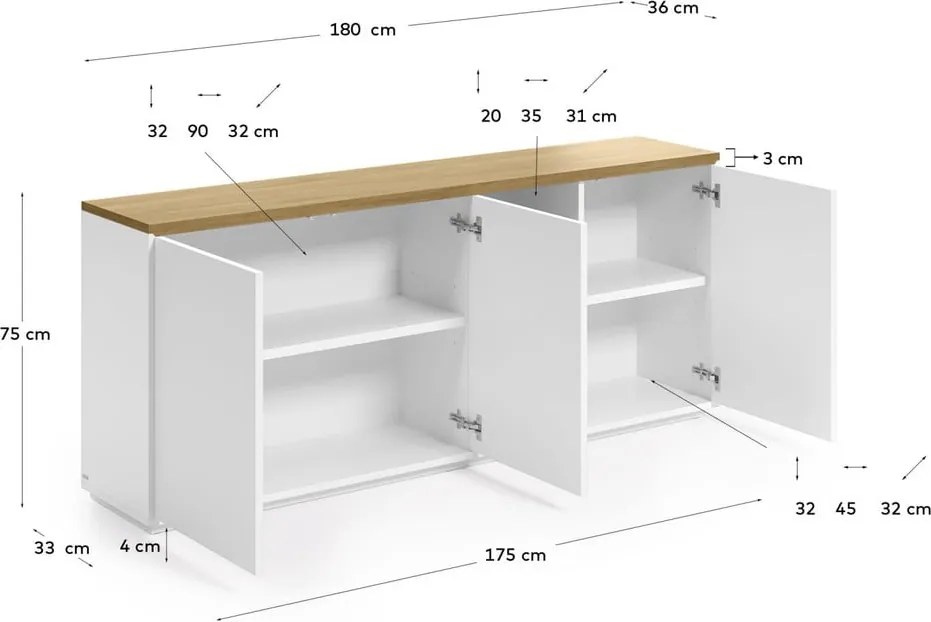 Fehér komód tölgyfa dekorral 180x75x36 cm Abilen – Kave Home
