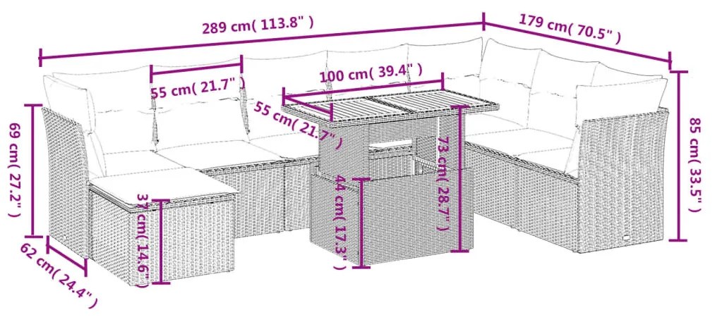 9 részes bézs polyrattan kerti ülőgarnitúra párnákkal