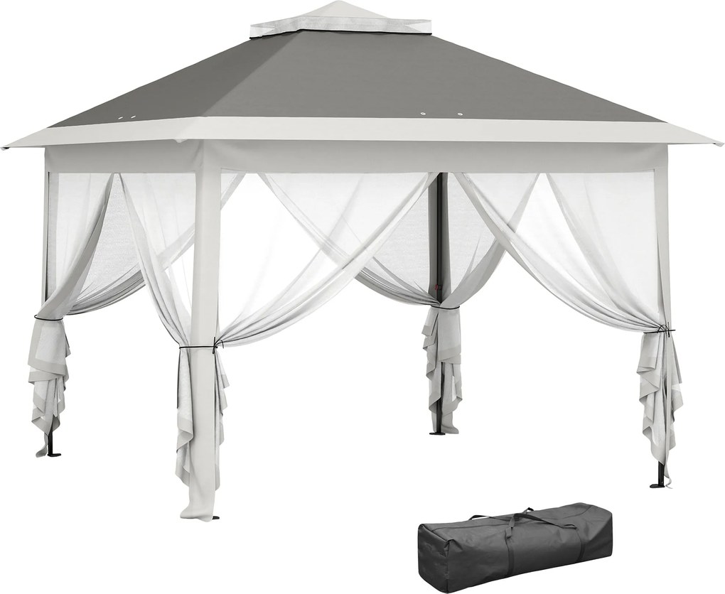 Outsunny Felszerelhető Kerti Pavilon 3.3x3.3 m Magasságállító 3 Szinten Szúnyoghálóval, Oldalfalakkal és Táskával, Kültéri Pavilon Kéttetős Fém Tetőve