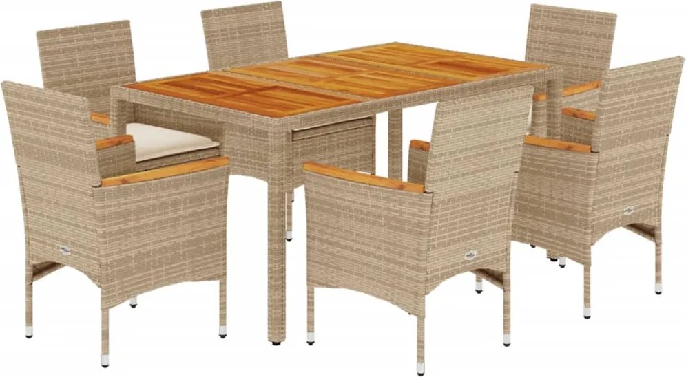 vidaXL 7 részes bézs polyrattan/akácfa kerti étkezőgarnitúra párnákkal
